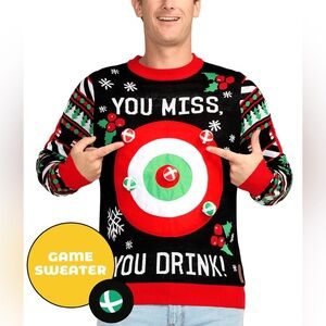 Tipsy Elves Mens Drinking Game Ugly Christmas‎ Sweater Bullseye Target Black XL